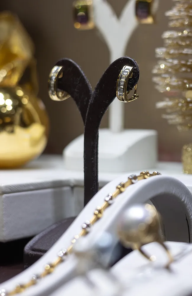 Nahaufnahme von Schmuckstücken in einem Schaufenster